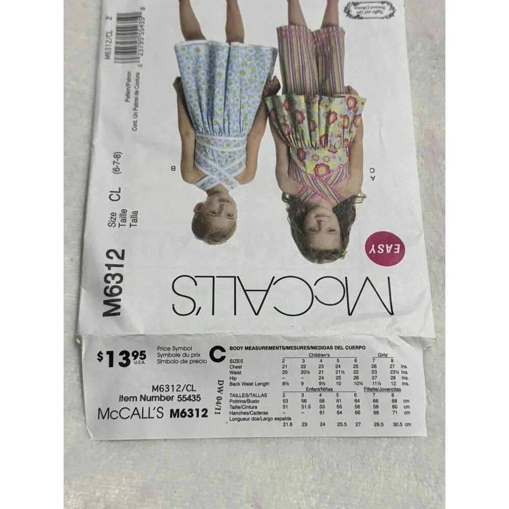 McCalls M6312 Sewing Pattern Girls Size 6 7 8 Top Dress Belt Capri Pants